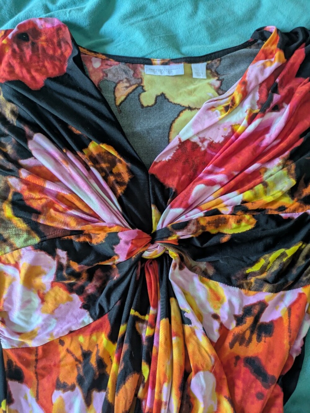 New York & Company Floral Twist-Front Dress in Black, Pink & Yellow Size L